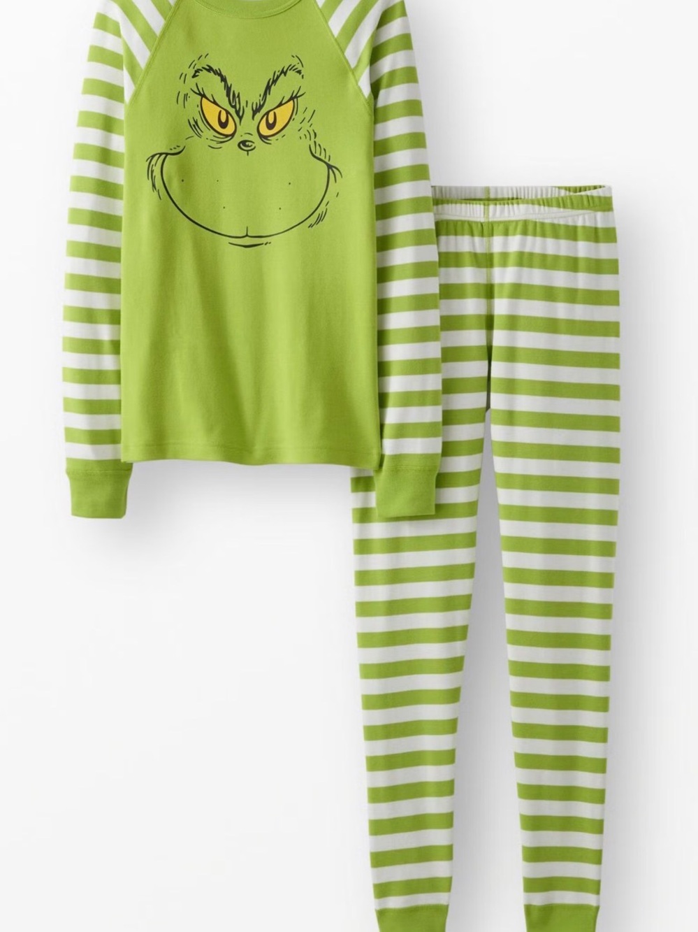 Hanna Andersson Lime Green Grinch Face Striped Kids Pajama Set